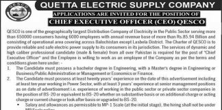 Quetta Electric Supply Company QESCO Job 2021 For Chief Executive Officer CEO