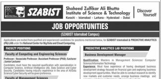 Shaheed Zulfiqar Ali Bhutto Institute of Technology SZABIST Jobs