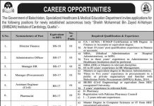 Sheikh Mohammad Bin Zayed Al Nahyan SMBZAN Institute of Cardiology Jobs 2021 In Quetta