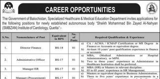 Sheikh Mohammad Bin Zayed Al Nahyan SMBZAN Institute of Cardiology Jobs 2021 In Quetta