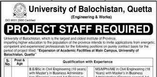 University of Balochistan Jobs 2021 For Project Staff In Quetta