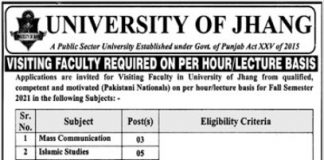 University Of Jhang Visiting Faculty Jobs 2021