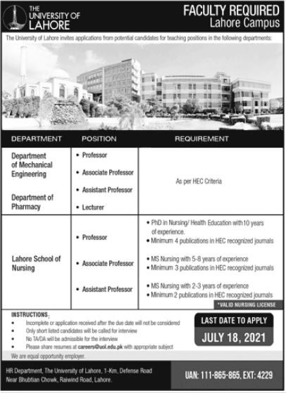 University of Lahore Professor Jobs 2021
