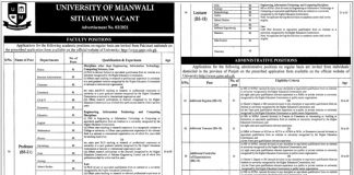 University of Mianwali Faculty & Administrative Staff Jobs 2021