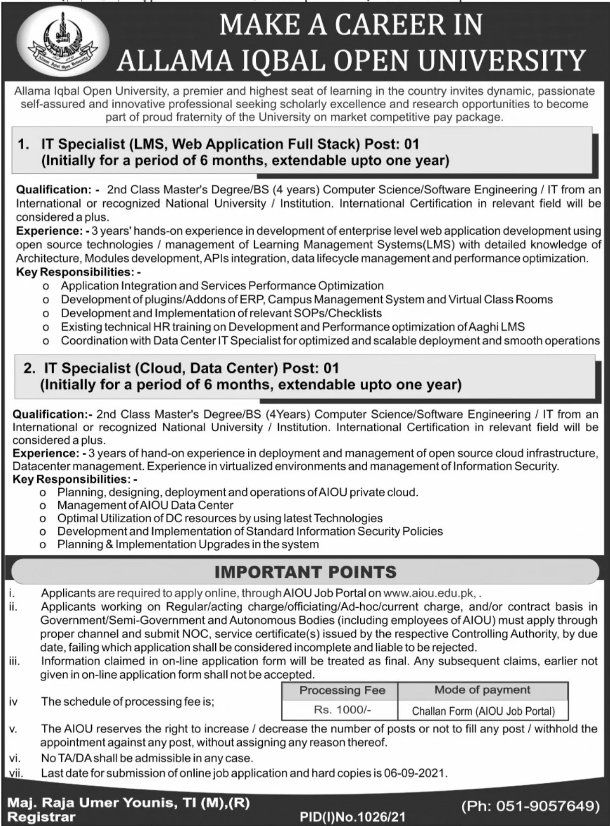 Allama Iqbal Open University AIOU Jobs 2021 For IT Specialists