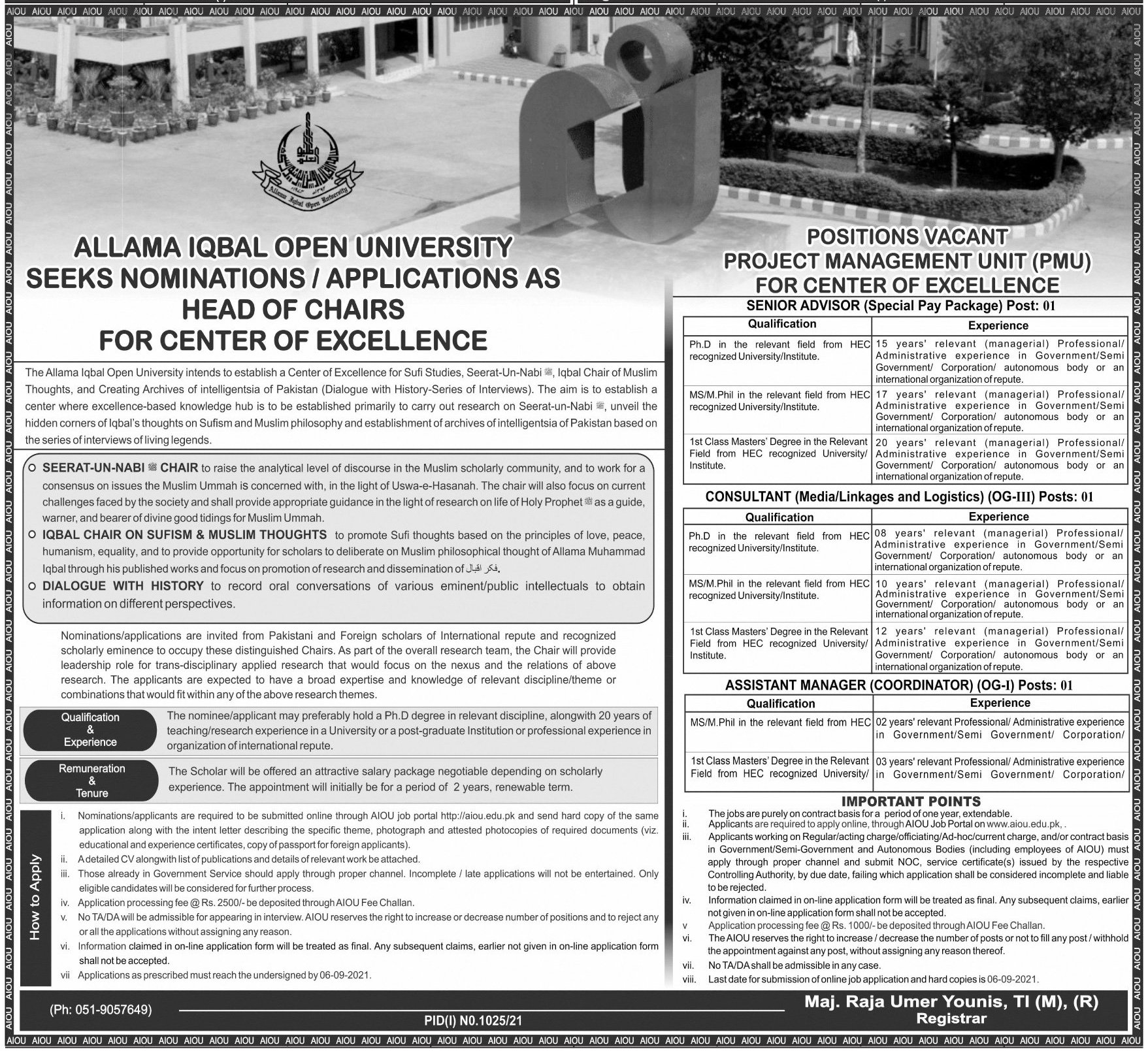 Allama Iqbal Open University AIOU Jobs 2021 In Islamabad