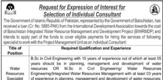 Balochistan Integrated Water Resource Management & Development Project Job 2021