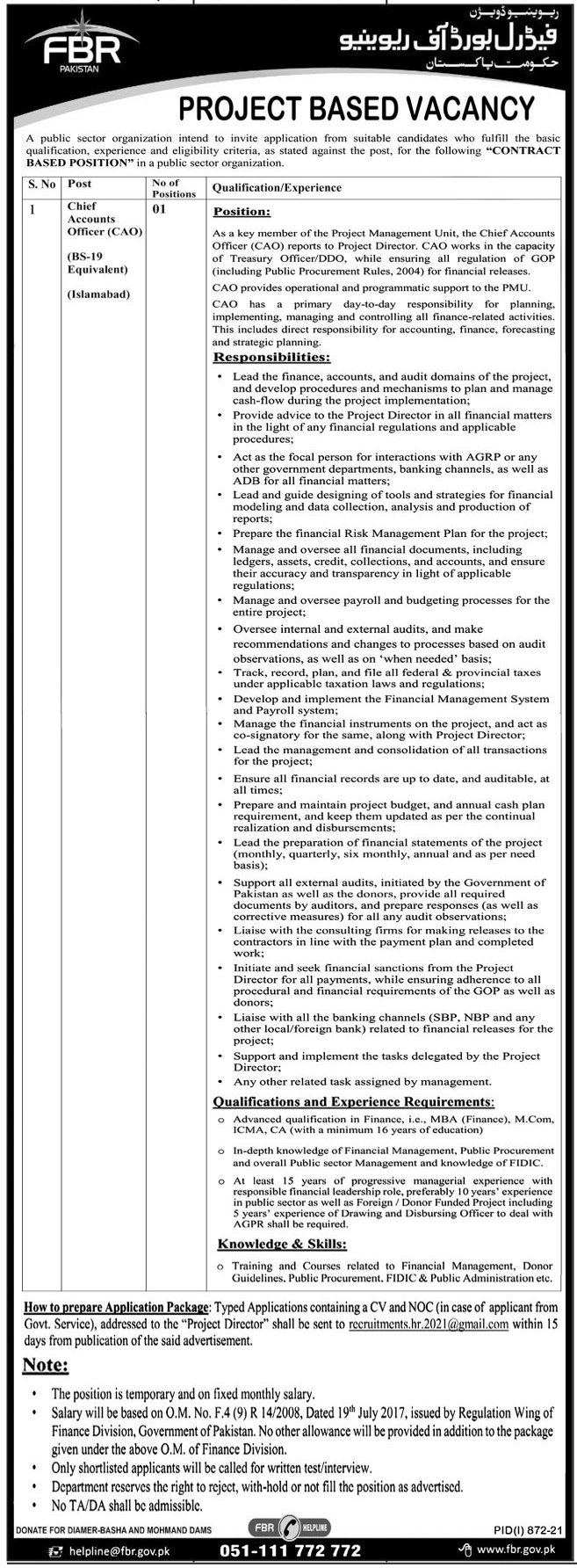 Federal Board of Revenue FBR Job 2021 For Chief Accounts Officer