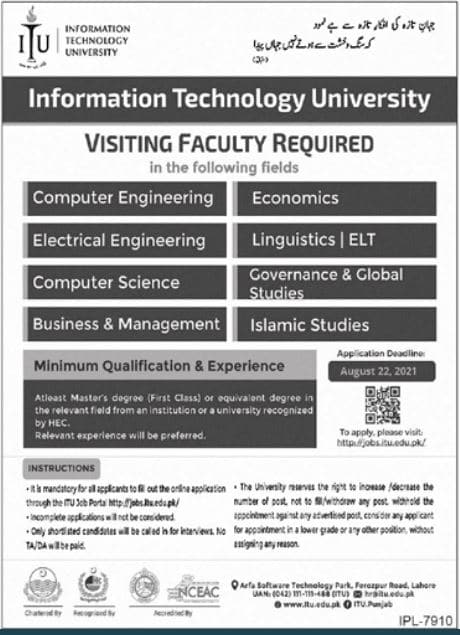 Information Technology University ITU Jobs 2021 In Lahore
