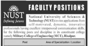 Military College of Engineering MCE Faculty Jobs 2021 In Risalpur