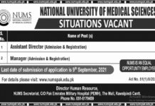 National University of Medical Sciences NUMS Jobs 2021 In Rawalpindi Cantt
