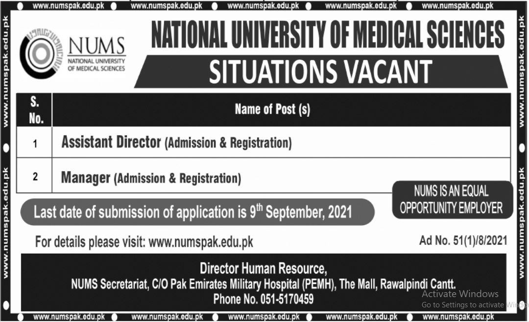 National University of Medical Sciences NUMS Jobs 2021 In Rawalpindi Cantt