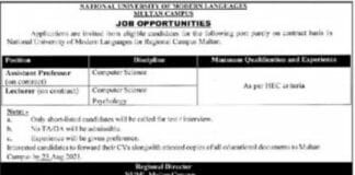 National University of Modern Language NUML Faculty Staff Jobs 2021