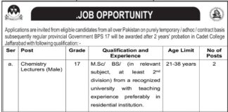 Pak Army Cadet College Jaffarabad Jobs 2021 For Lecturers