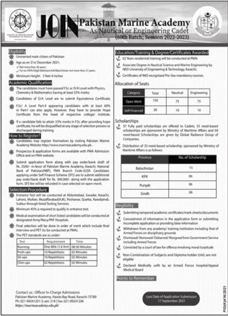 Pakistan Marine Academy Nautical & Engineer Cadet Jobs 2021