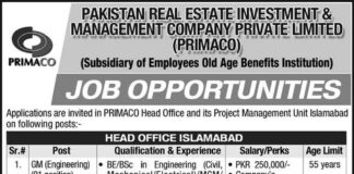 Pakistan Real Estate Investment & Management Company PRIMACO Jobs 2021