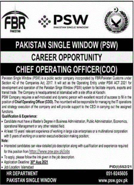 PSW Pakistan Single Window Jobs 2021