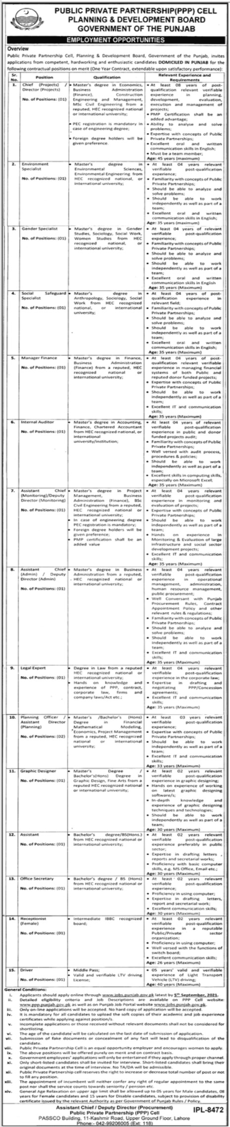 Public Private Partnership PPP Cell Planning & Development Board Jobs 2021