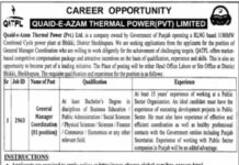 Quaid e Azam Thermal Power Job 2021 For General Manager Coordination