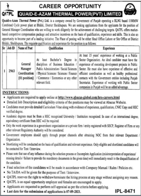 Quaid e Azam Thermal Power Job 2021 For General Manager Coordination