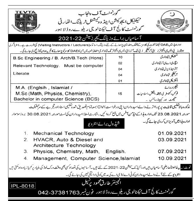 TEVTA Government College of Technology Jobs 2021 In Lahore