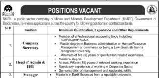 Balochistan Minerals Resource Limited BMRL Jobs 2021 In Quetta Balochistan