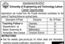 University of Engineering & Technology UET Job 2021 For Teaching Fellow