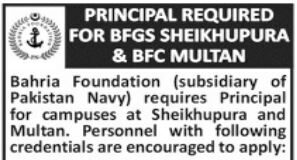 Bahria Foundation College Jobs 2021