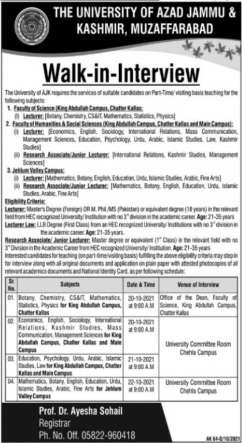 Faculty jobs at University of Azad Jammu and Kashmir 2021