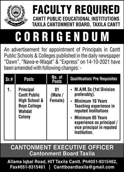 Cantt Public Educational Institutions Jobs 2021