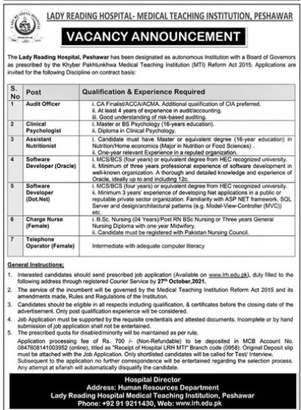 Lady Reading Hospital MTI Jobs 2021