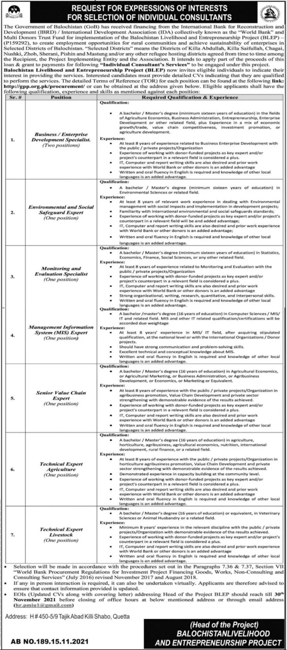 Balochistan Livelihood & Entrepreneurship Project Jobs 2021