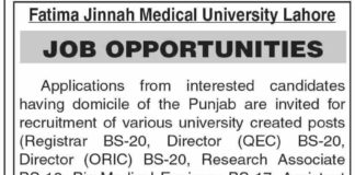 Fatima Jinnah Medical University Jobs 2021