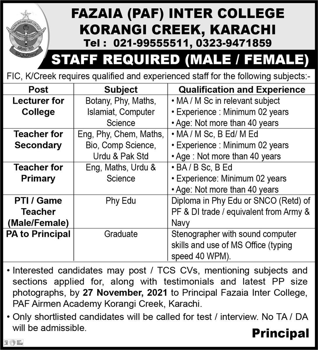 Fazaia Inter College Jobs 2021