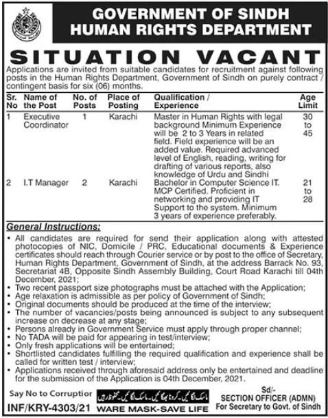 Human Rights Department Sindh Jobs 2021