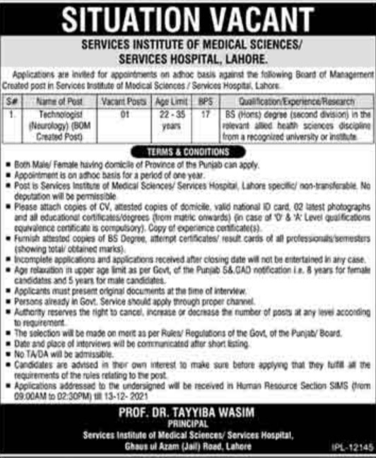Services Institute of Medical Sciences Lahore Jobs 2021