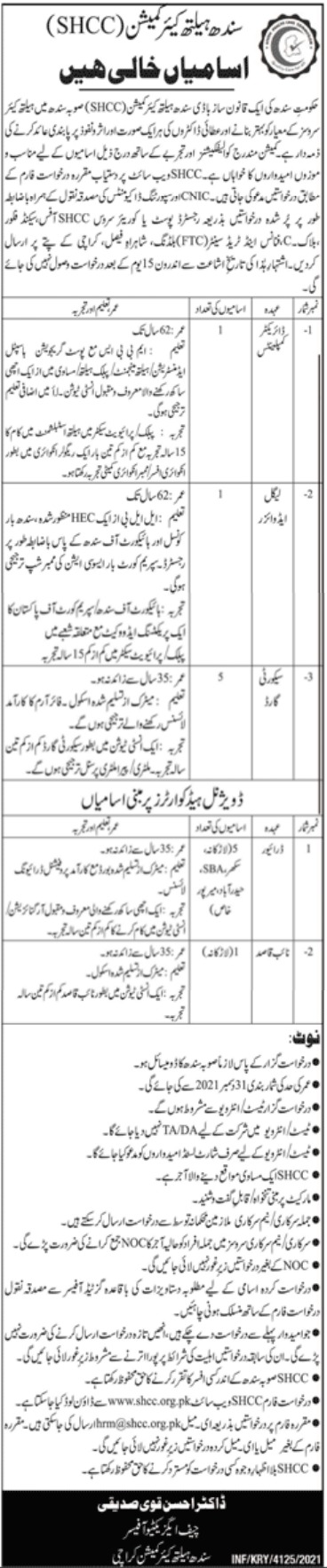 Sindh Health Care Commission Jobs 2021