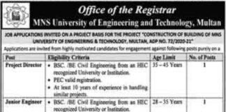Muhammad Nawaz Sharif University of Engineering and Technology Jobs