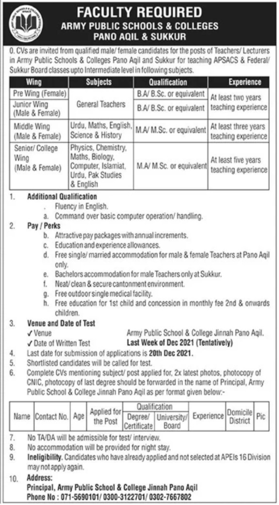 Army Public School and College jobs 2021