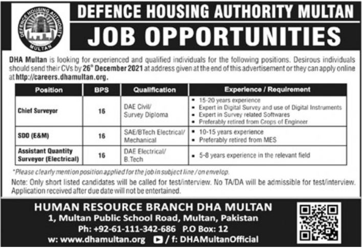 Defense Housing Authority Multan Jobs 2021