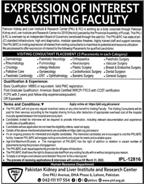 Pakistan Kidney And Liver Institute Jobs 2021