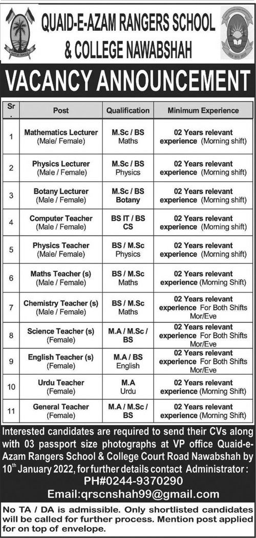 Jobs In Quaid E Azam Rangers Public School & College 2022