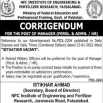 Positions at NFC Institute of Engineering and Fertilizer Research