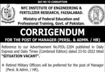 Positions at NFC Institute of Engineering and Fertilizer Research