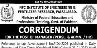 Positions at NFC Institute of Engineering and Fertilizer Research
