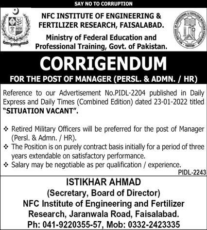 Positions at NFC Institute of Engineering and Fertilizer Research