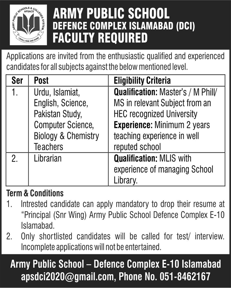 Jobs at Army Public School Islamabad