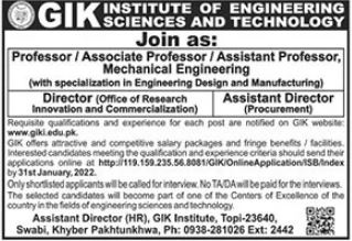 Jobs At GIK Institute of Engineering Science & Technology 2022