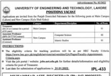 Jobs At University Of Engineering And Technology Lahore 2022