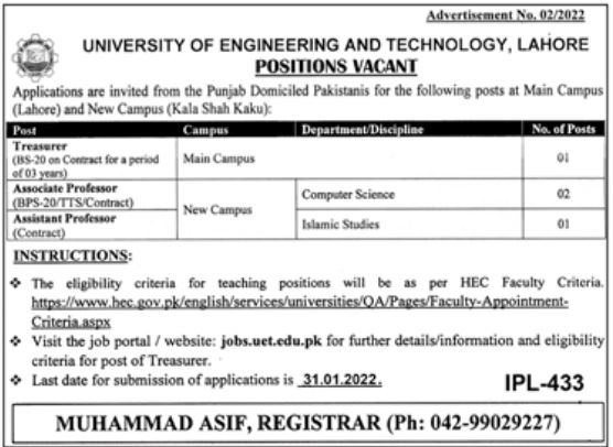 Jobs At University Of Engineering And Technology Lahore 2022
